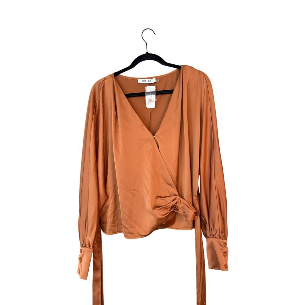 Do + Be Wrap Style Blouse Top L New Short Style Long Tie Satin Feel FLAW Career